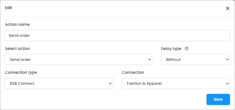 A SendOrder automation-flow action configured to forward orders to a B2B Connect supplier