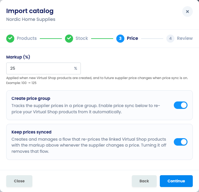 The B2B Connect import wizard Price step with the markup field and the keep-prices-synced option