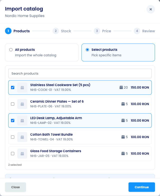 The B2B Connect import wizard Products step with the create-note and SKU match-or-skip options