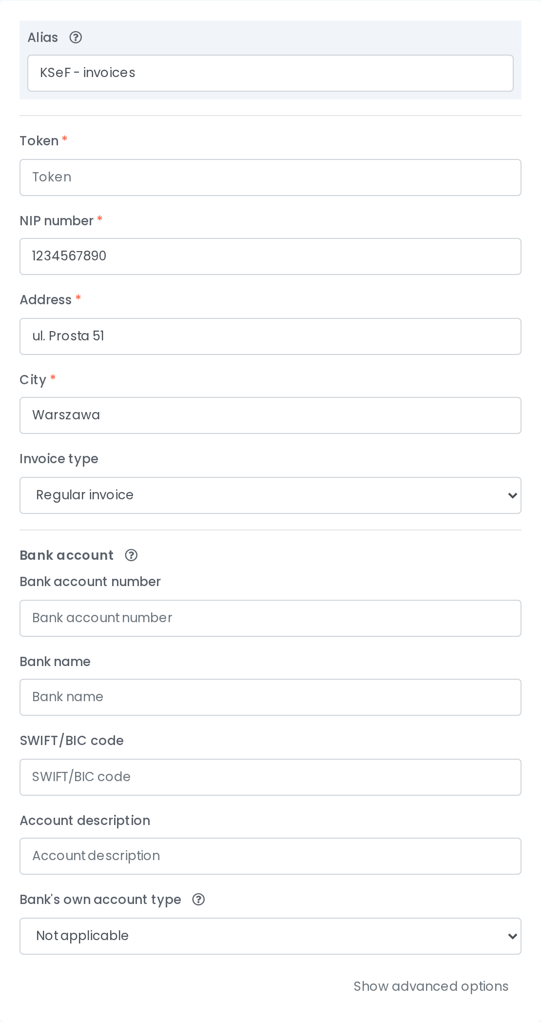 The KSeF connection form in easySales, with the alias, token, NIP, address, city, invoice type and bank account fields