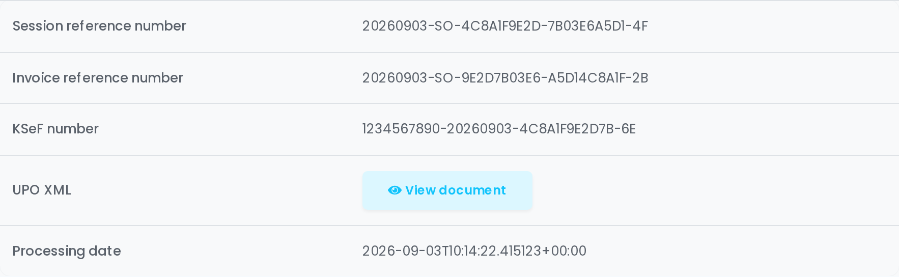 The Order submissions panel on an order in easySales, showing a successful KSeF submission with its KSeF number and UPO download