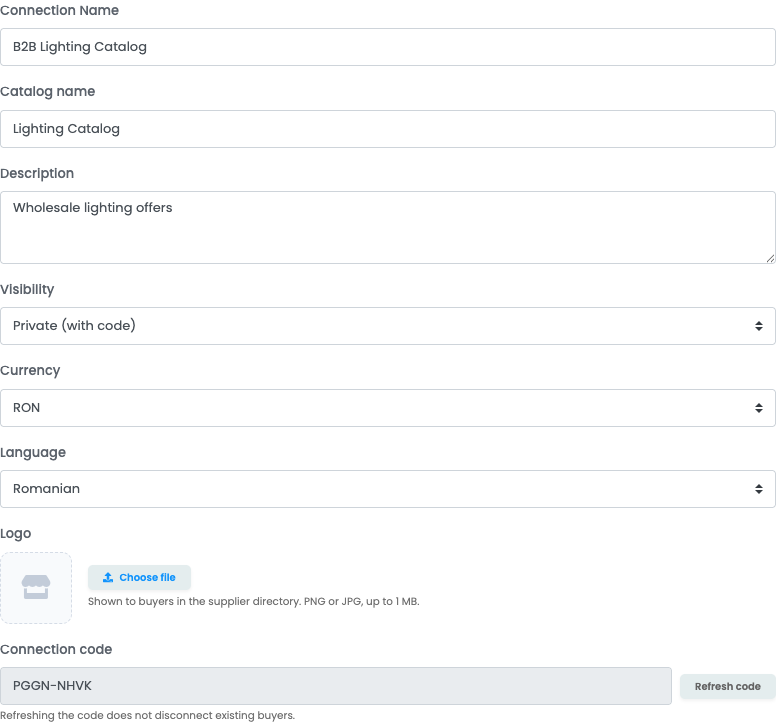 B2B Connect supplier settings in easySales showing the catalog name, description, currency, and language fields