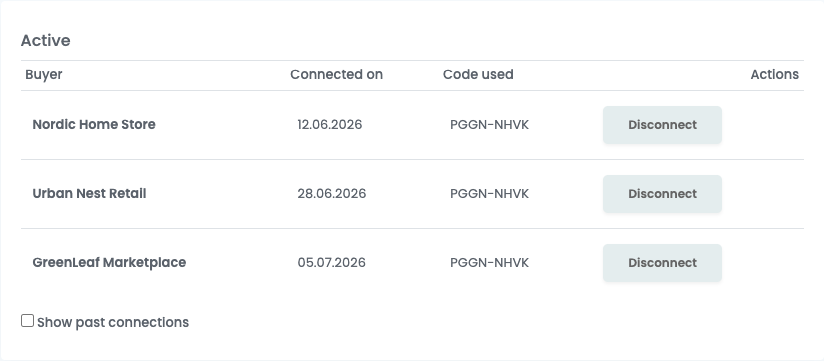 B2B Connect connected buyers tab listing active buyers with their connection date and a disconnect option