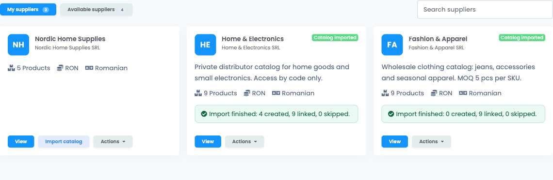 The B2B Connect directory in easySales, showing supplier catalog cards with logos, names, and product counts